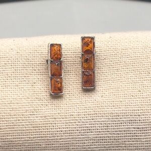 Vintage sterling silver 925 modernist geometric bar style amber earrings.